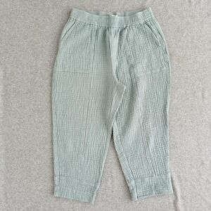 Madewell Pants Womens Large Green Crinkle Gauze Pull On Cropped Pockets Textured